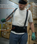 Person wearing ProFlex 1600 Back Support Brace 9 Inch Extra Firm Support With High Cut Front For Mobility XL Black Adjustable Suspenders