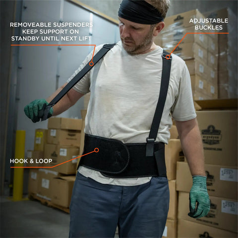 Person wearing ProFlex 1600 Back Support Brace 9 Inch Extra Firm Support With High Cut Front For Mobility XL Black Adjustable Suspenders