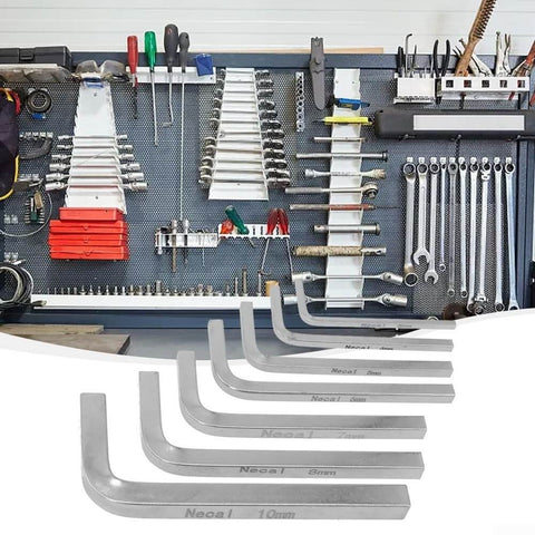 Heavy Duty 7 Piece Square Head Wrench Set L Shaped For Square Screws 3mm To 10mm Chromium Vanadium Steel displayed on a tool rack.