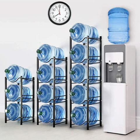 5 Gallon Water Jug Rack Heavy Duty 3 Tier Stackable Water Bottle Holder Storage Shelf next to water dispenser in kitchen