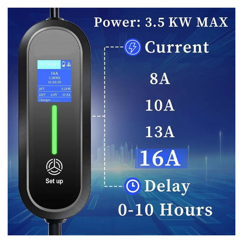 No Sweat Portable EV Charger With Type 2 And GBT Connector Plugs, 3.5kW 16A showing current settings and power specifications.