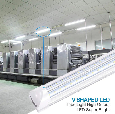 8Ft LED Shop Light Fixture With V Shaped 5Ft Tubes 48W Cold White 6000K T8 Integrated Bulbs For Garage And Warehouse Plug And Play Linkable Energy Saving 25 Pack in industrial setting