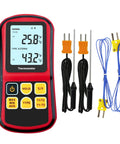 Red handheld dual-channel K-type thermocouple thermometer with LCD display; includes four probes (two orange, two blue).