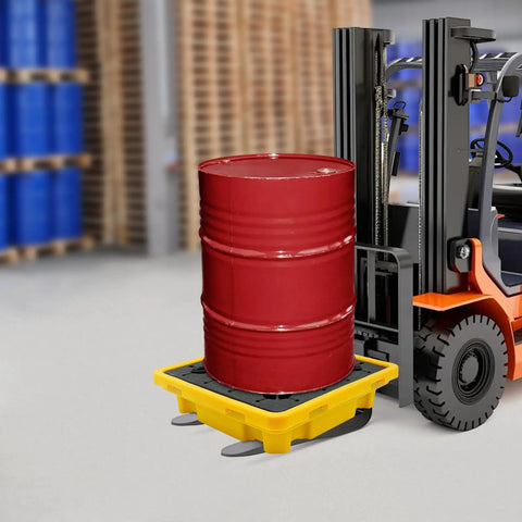 Forklift placing red barrel on Spill Containment Pallet With Drain 26.4 By 26.4 By 5.9 Inches HDPE in warehouse