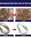 Before and after comparison of metal jewelry cleaned with Scratch Be Gone Glass And Lens Repair Cream With Applicator Sponge 30G Quick Fix