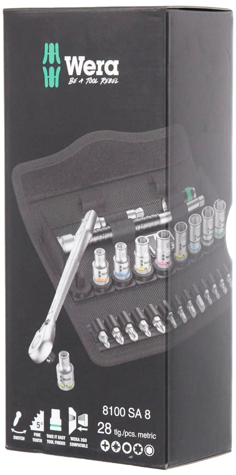 Compact 28 Piece Zyklop Metric Ratchet Set With One Quarter Inch Drive Switch Lever Ultra Slim Metal Ratchets 5 Degree Return Color Coded Size Markers box