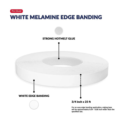 White Edge Banding Melamine Iron On Tape 3/4 inch x 25 ft with strong hotmelt glue for cabinets and furniture applications.