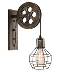 Industrial Pulley Wall Sconce With Matte Iron Cage And Wood Wheel Bronze Color Vintage Mid Century Revival Indoor Lighting