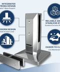 Top Tier Frameless Tempered Glass Railing Kit For Outdoor Decks, 44 Inch Height, Heavy Duty Stainless Steel Rails close-up of T-base support system.