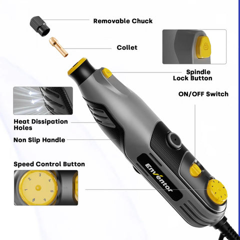 Beast 130W Corded Rotary Tool Kit With 204 Piece Accessory Set showing removable chuck and speed control button