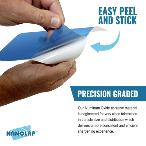 Hands peeling a PSA lapping film sheet showing easy peel and stick feature, Aluminum Oxide AO for Scary Sharp sharpening system.