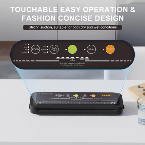 Powerful Compact Vacuum Sealer With One Touch Auto Seal for cold wet moist and dry foods, interface view with control icons