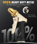 Heavy Duty Metal Garden Hose Nozzle With High Pressure And Adjustable Spray Patterns For Watering, black TPR handle, gold body.