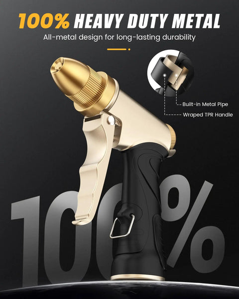Heavy Duty Metal Garden Hose Nozzle With High Pressure And Adjustable Spray Patterns For Watering, black TPR handle, gold body.