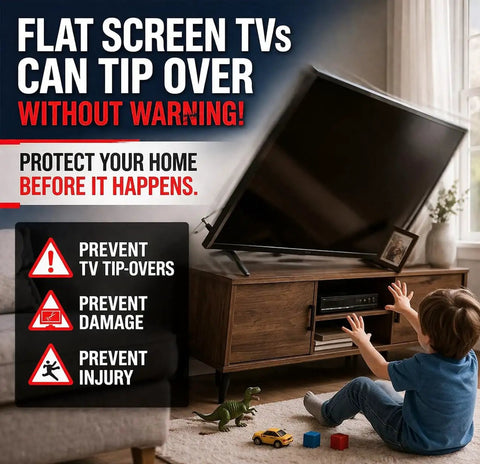Child reaching for TV on stand; promote Universal Flat Screen TV Safety Straps Anti Tip Adhesive Nylon Mounts Earthquake Protection