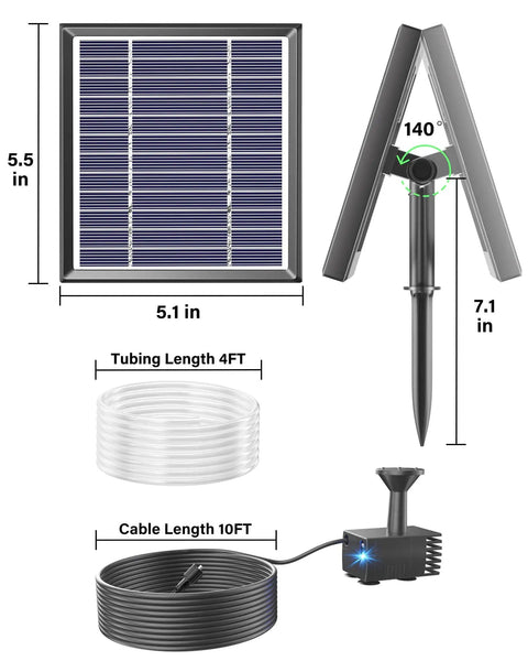 Components of Sun Powered Solar Fountain Kit For Bird Bath And Backyard Water Feature, including 4 ft tubing and solar panel.