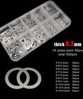 Ultra Thin Stainless Steel Flat Washers Set M3 Through M8, 0.1 0.2 0.3mm, 1200Pcs, Durable A2 304 Shim Washers For Precise Spacing And DIY Hardware Upgrades, 0.2mm set in organizer