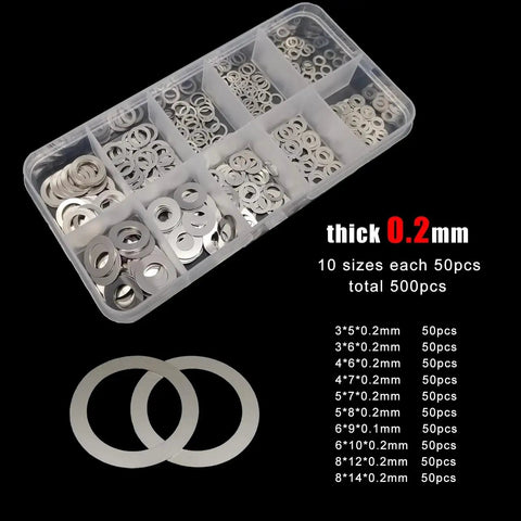 Ultra Thin Stainless Steel Flat Washers Set M3 Through M8, 0.1 0.2 0.3mm, 1200Pcs, Durable A2 304 Shim Washers For Precise Spacing And DIY Hardware Upgrades, 0.2mm set in organizer