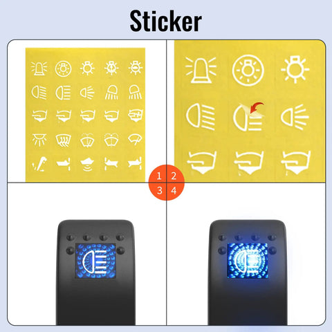 Sticker sheet and illuminated rocker switch on Beefy 8 Gang 12V Marine Boat Switch Panel Waterproof With Blue LED Lights Rocker Toggle Panel