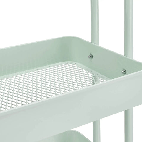 3 Tier Metal Rolling Utility Cart With Deep Mesh Trays And Pivoting Casters, Smooth Operator Kitchen Island Storage Organizer That Slays For Tools, Groceries, And Daily Grind Setup In Mint Green