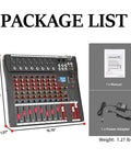 Package list for 8 Channel DJ Audio Mixer With Bluetooth 5.0, USB Recording, MP3/USB Playback, Built-In Reverb, 48V Phantom Power