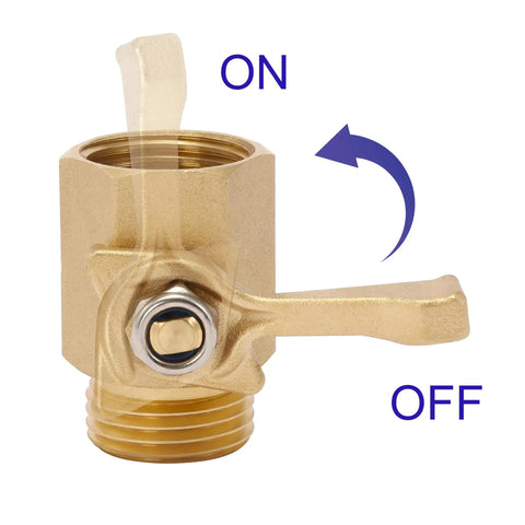 Heavy Duty Brass Garden Hose Shut Off Valve Three Quarter Inch Inline, ergonomic handle demonstrating on-off positions