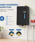 Premium Tankless Water Heater Pumping Out Kickin Instant Hot Water With Convenient Remote Setup For Kitchen Faucet 3000W Electric On Demand Unit, showing simple installation features and G1/2" connections.