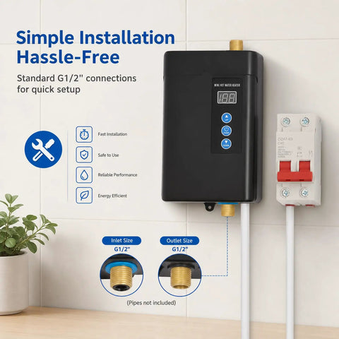 Premium Tankless Water Heater Pumping Out Kickin Instant Hot Water With Convenient Remote Setup For Kitchen Faucet 3000W Electric On Demand Unit, showing simple installation features and G1/2" connections.