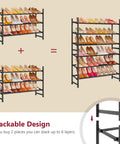 Expandable Three Tier Shoe Rack For Closet And Entryway, Adjustable From 28 To 41 Inches, stackable metal shoe organizer design