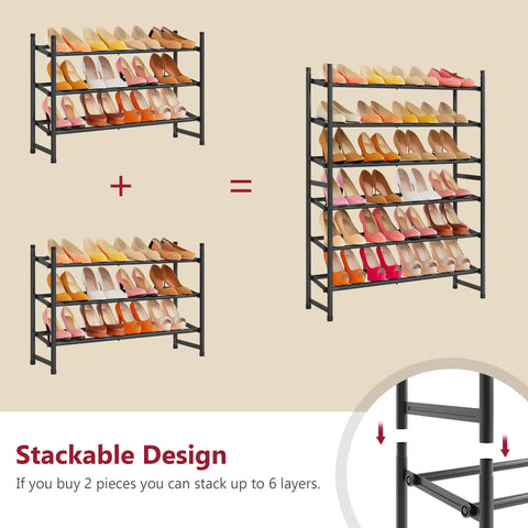 Expandable Three Tier Shoe Rack For Closet And Entryway, Adjustable From 28 To 41 Inches, stackable metal shoe organizer design