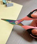 Ribbon Scissors Set All Purpose Titanium Blades Stainless Steel Sharp Scissors With Comfort Grip Handles Three Pack Pink And Black For Paper Fabric Crafting And Office Use, close-up cutting paper