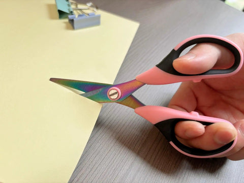 Ribbon Scissors Set All Purpose Titanium Blades Stainless Steel Sharp Scissors With Comfort Grip Handles Three Pack Pink And Black For Paper Fabric Crafting And Office Use, close-up cutting paper