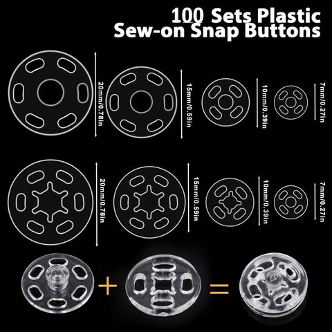 Clear Snap Buttons Set 100 Packs Four Sizes 7mm 10mm 15mm 18mm Invisible Sew On Round Plastic Snaps For Sewing Shirts