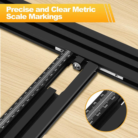 Close-up of metric scale markings on Heavy Duty Aluminum Juice Groove Router Jig, Adjustable Woodworking Template for cutting boards.