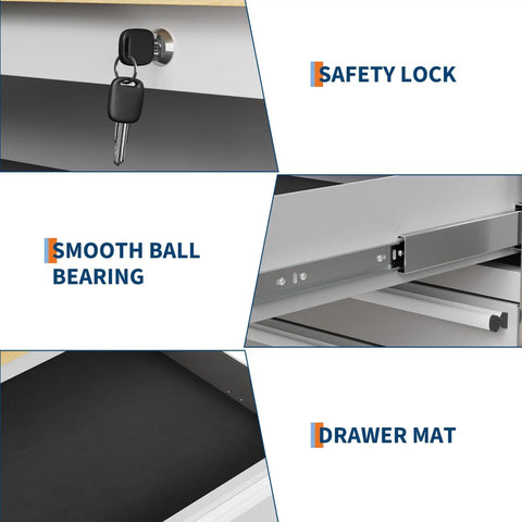 Close-up of Heavy Duty 61 Inch Tool Chest Cabinet With 15 Drawers showing safety lock, ball bearing, drawer mat.