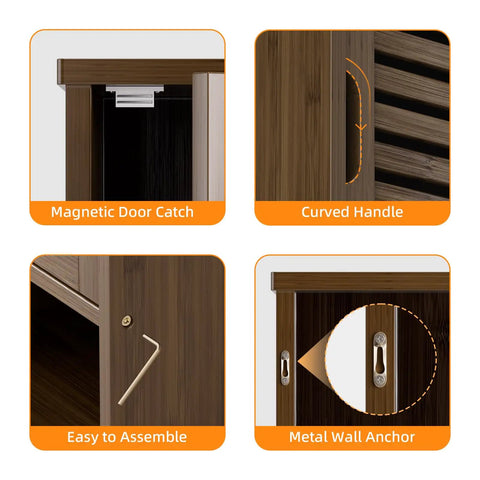 Over Toilet Wall Mount Medicine Cabinet details: magnetic door catch, curved handle, easy assembly, metal wall anchor, walnut finish