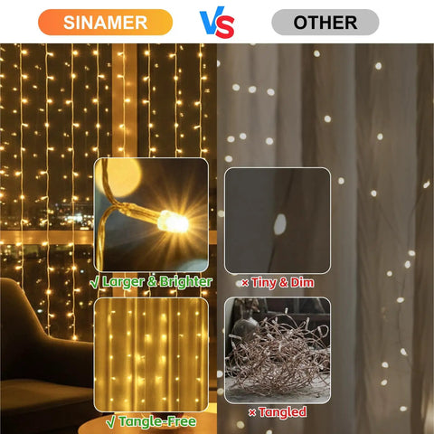 Comparison of larger, tangle-free Cozy Bedroom Curtain Lights 200 LED Fairy String Lights vs dim, tangled competitor