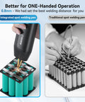 Comparison of integrated and traditional spot welding pens on battery packs, showing a handheld spot welder in use