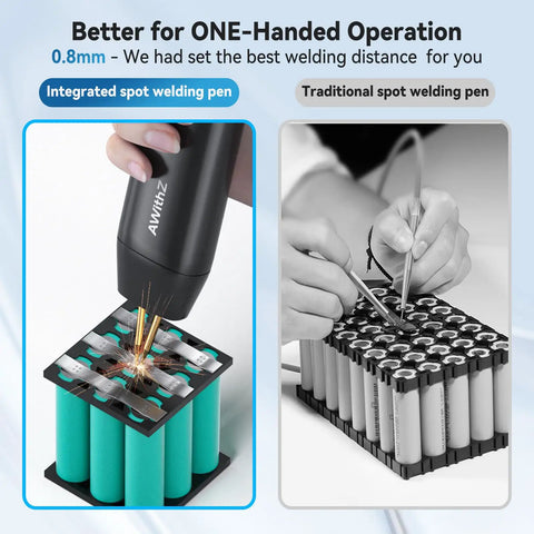 Comparison of integrated and traditional spot welding pens on battery packs, showing a handheld spot welder in use