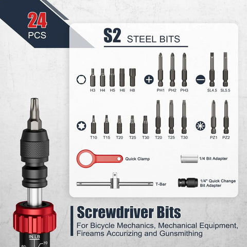 Torque Screwdriver Set, 24-Piece, Pro-Grade With 10 To 70 Inch-Pounds Range, Includes Hex, Torx, Phillips, Pozidriv, Schlitz Bits