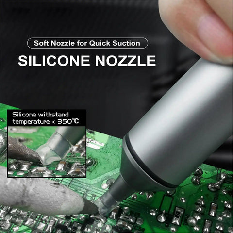 SS-02 Desoldering Solder Sucker Pro-Grade Desoldering Tool with silicone nozzle shown on a green PCB for IC removal