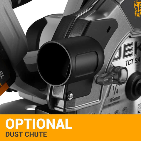 Optional dust chute on Heavy Duty 20 Volt Cordless Circular Saw Featuring Brushless Motor And 185 Mm Blade 4500 Rpm Speed.