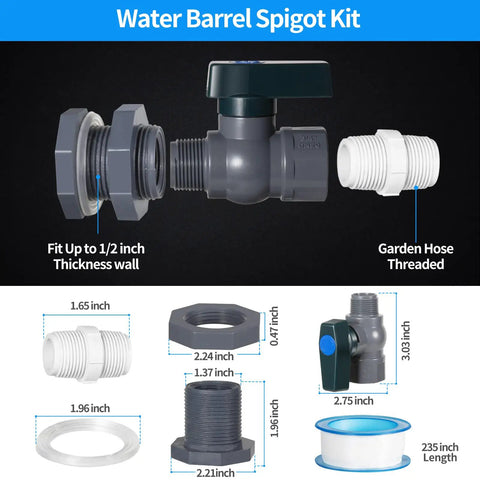 Rain Barrel Spigot Kit For Water Barrels PVC 3/4 Inch Spigot With Bulkhead Fitting Hose Adapter And Thread Seal Tape