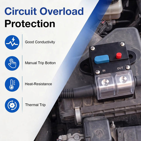 Heavy Duty 50 Amp Circuit Breaker With Manual Reset Switch 12 To 48 Volt Dc Overload Protection Battery Disconnect Switch mounted on engine.