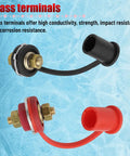 Solid As A Rock Heavy Duty Car Remote Battery Terminals 2 Piece Heavy Gauge Stud Jumper Post Adapters With Covers on blue background.
