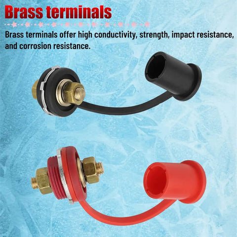 Solid As A Rock Heavy Duty Car Remote Battery Terminals 2 Piece Heavy Gauge Stud Jumper Post Adapters With Covers on blue background.