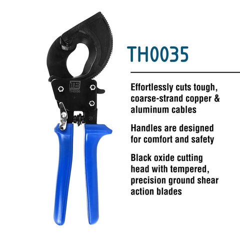 Heavy Duty Ratcheting Wire And Cable Cutter For Copper And Aluminum Up To 500 MCM With Hard Oxide Cutting Head and Blue Grips