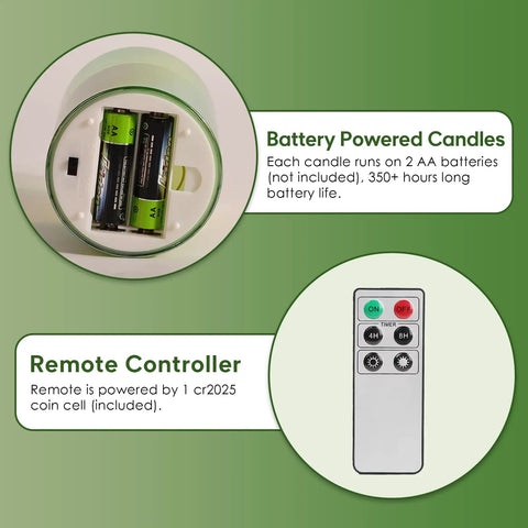 Green Glass Flameless Pillar Candles With Remote Control Realistic Flicker Battery Led Candles battery compartment and remote