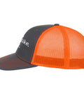 Side view of Old School Yet Cool Mesh Hats For Men And Women Lightweight Trucker Cap with orange mesh back and black front