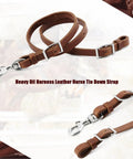 Heavy Harness Leather Western Roper Rein For Horses with stainless steel hardware in rich brown, 5/8 inch by 7 foot, close-up view.